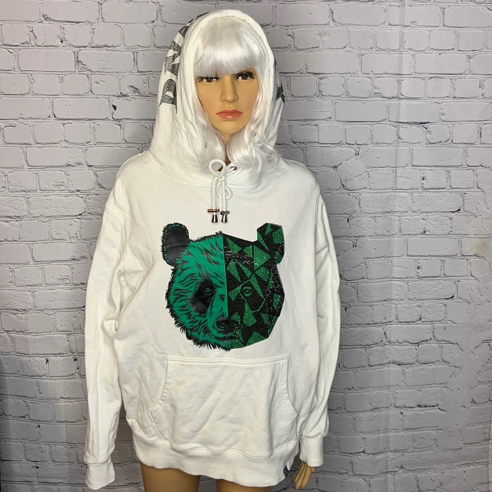 Denimicity Split Bear head with rhinestones hoodie. White/green. Size large